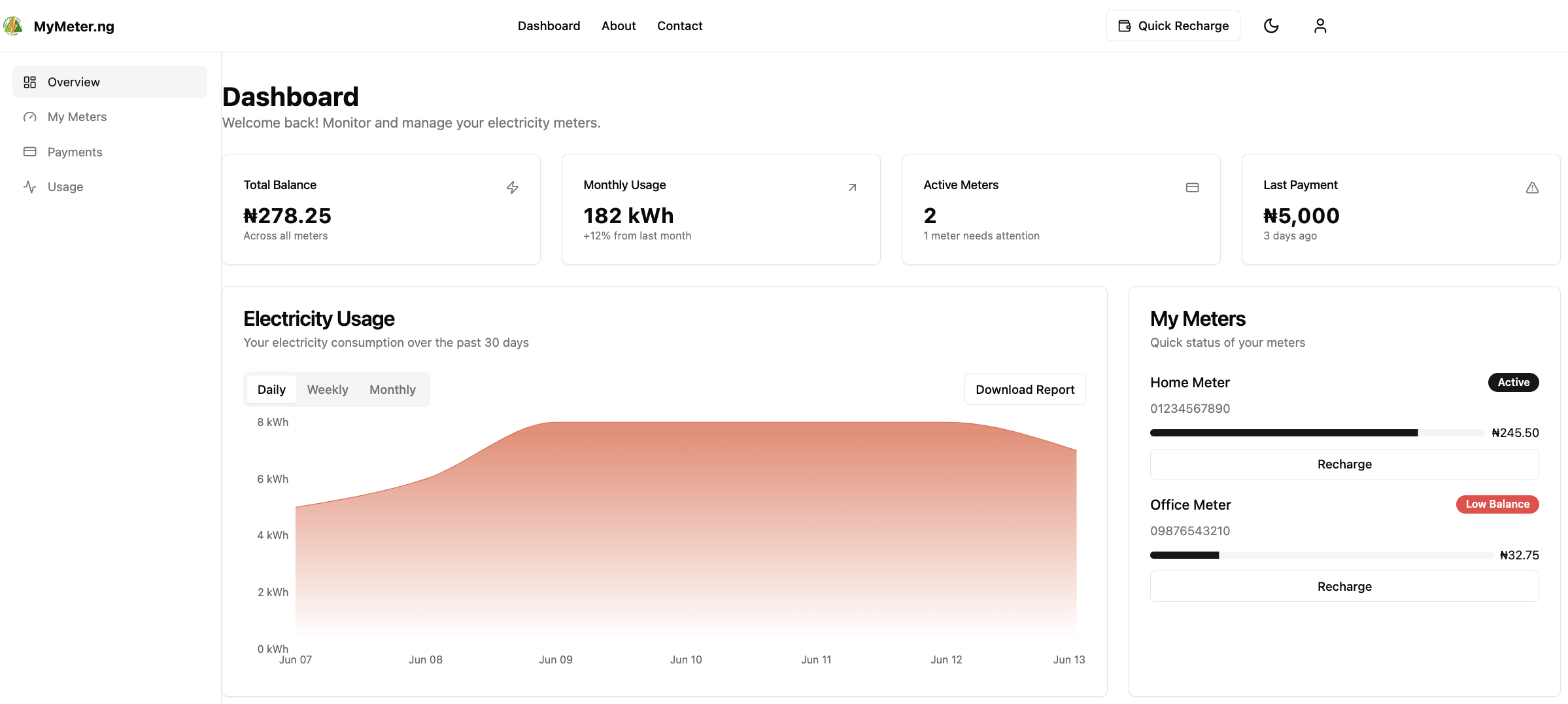 MyMeter.ng Customer Dashboard showing electricity usage tracking, meter management, and payment history
